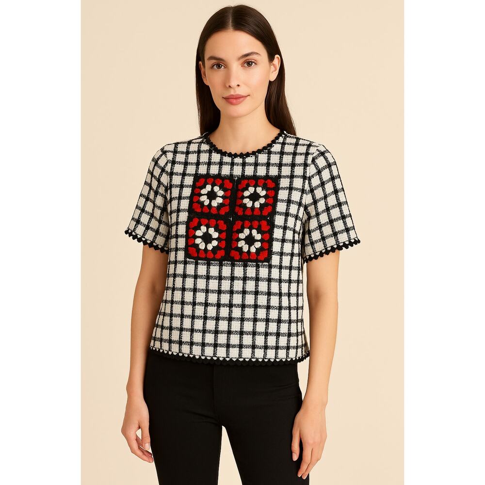 Endless Rose Black White Checkered Crochet Accent Top Sz S NWOT Retro Mod Stylec